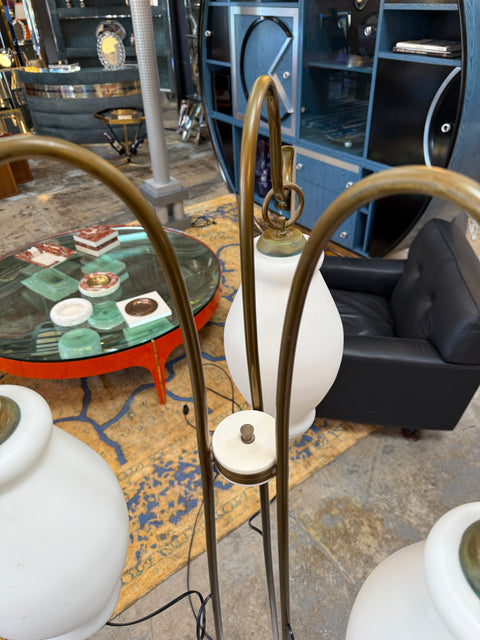 Floor Lamp with Tripod Arms and Opaline Glass Shades, 1950s