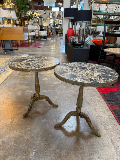 Pair of Italian Brass Pedestal Side Tables with Marble Tops, 1970s