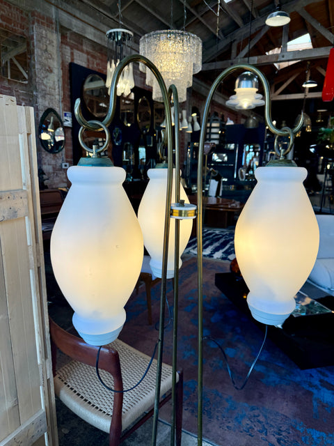 Floor Lamp with Tripod Arms and Opaline Glass Shades, 1950s