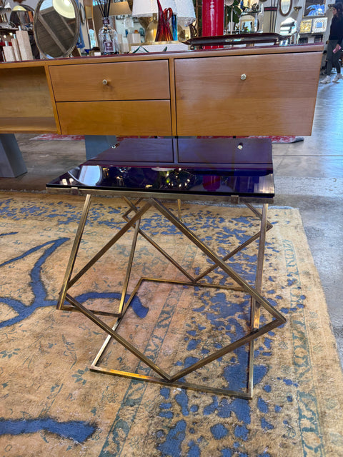 1970s Italian Geometric Brass Side Table with Blue Glass Top