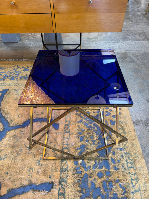 1970s Italian Geometric Brass Side Table with Blue Glass Top