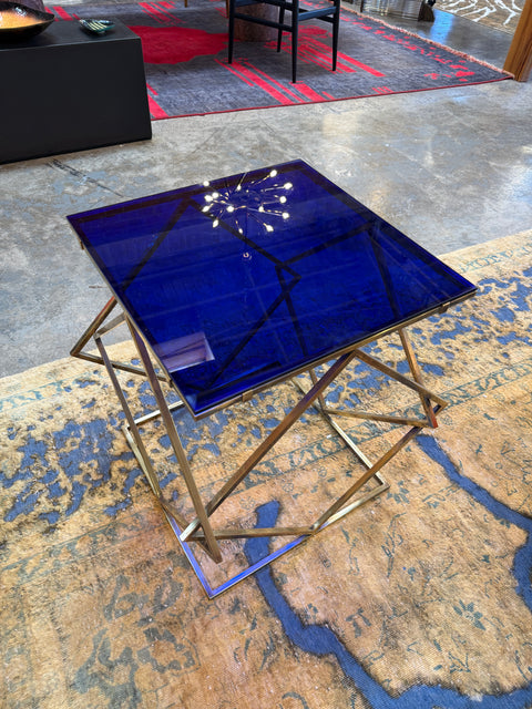 1970s Italian Geometric Brass Side Table with Blue Glass Top