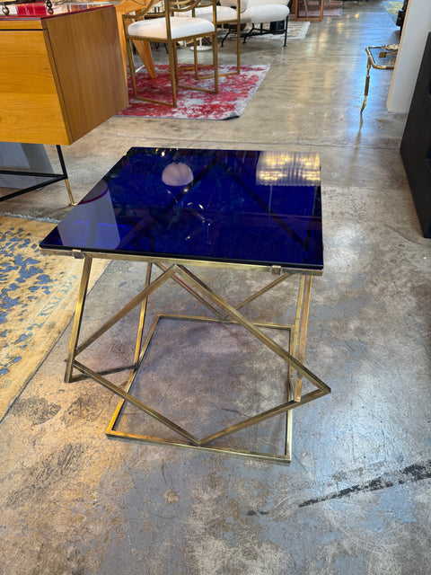 1970s Italian Geometric Brass Side Table with Blue Glass Top