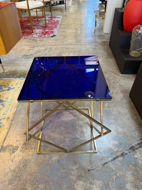 1970s Italian Geometric Brass Side Table with Blue Glass Top