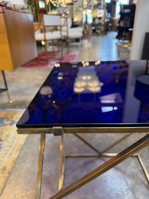 1970s Italian Geometric Brass Side Table with Blue Glass Top