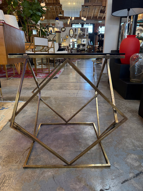 1970s Italian Geometric Brass Side Table with Blue Glass Top