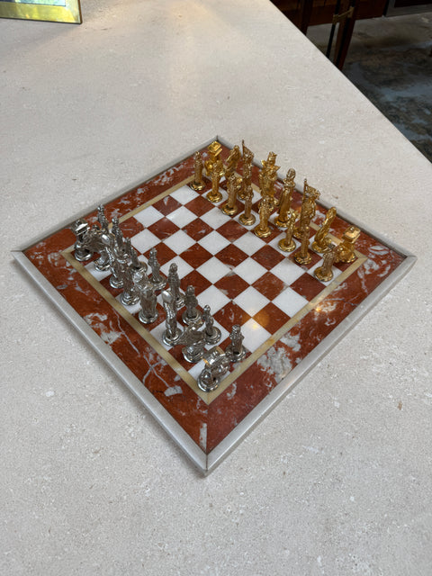 Italian Marble Chess Set with Figural Metal Pieces
