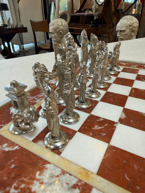 Italian Marble Chess Set with Figural Metal Pieces