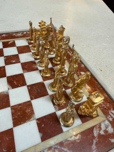 Italian Marble Chess Set with Figural Metal Pieces