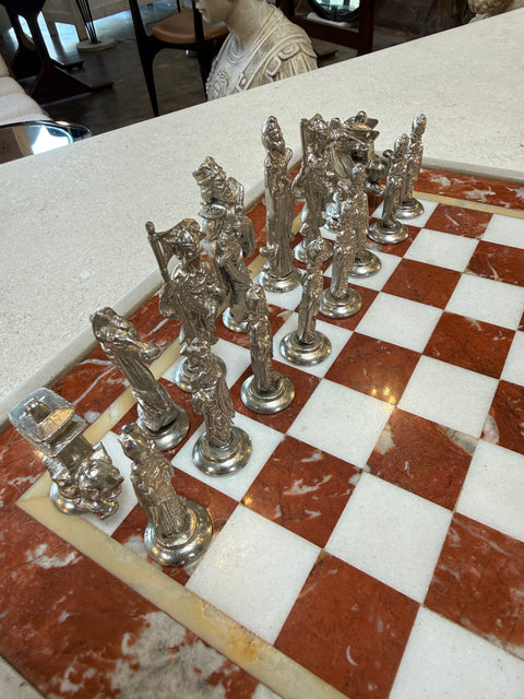 Italian Marble Chess Set with Figural Metal Pieces