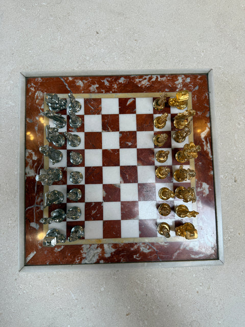 Italian Marble Chess Set with Figural Metal Pieces