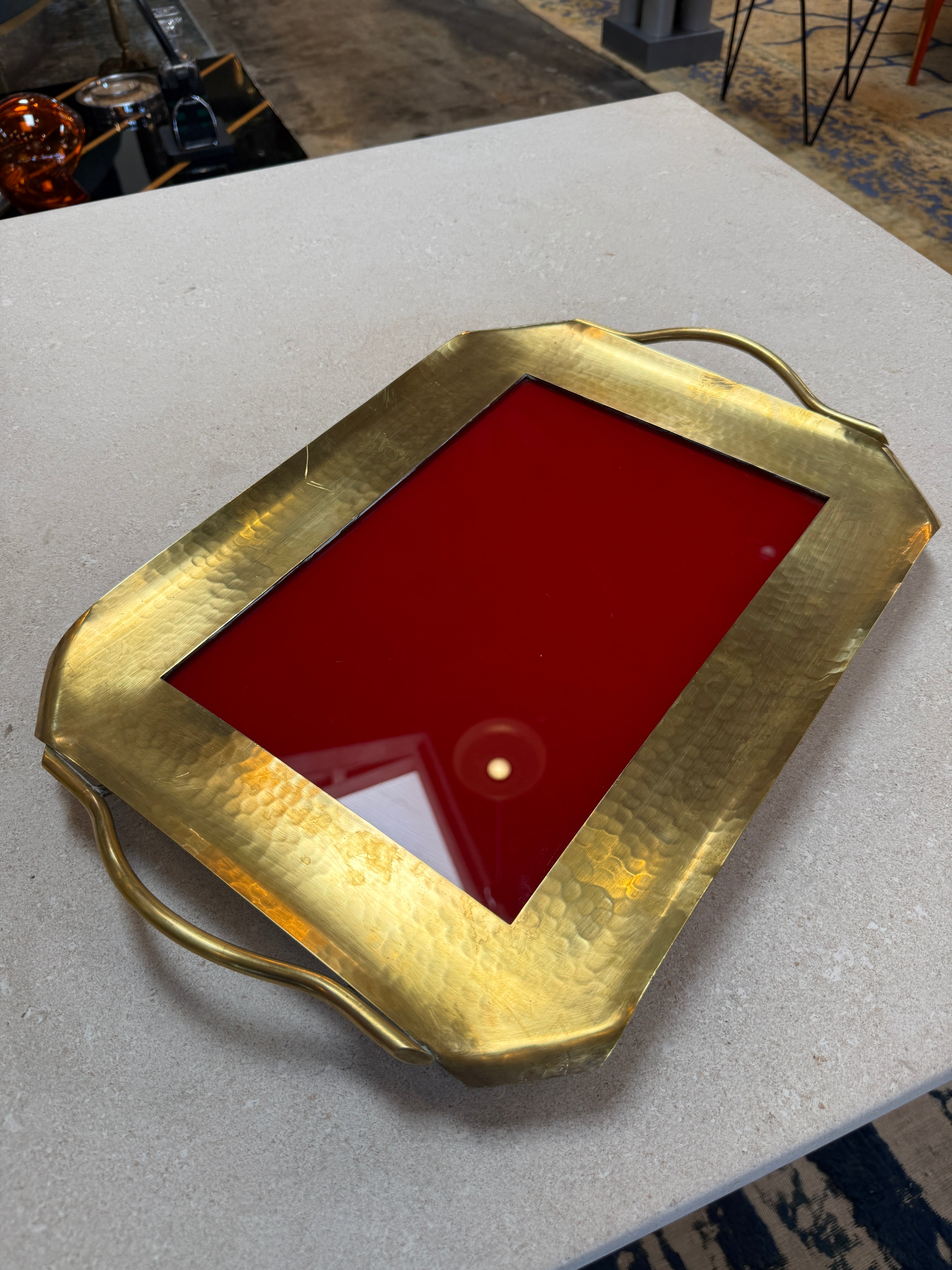 Italian Hammered Brass and Red Lacquer Serving Tray, Mid-Century