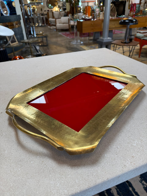 Italian Hammered Brass and Red Lacquer Serving Tray, Mid-Century
