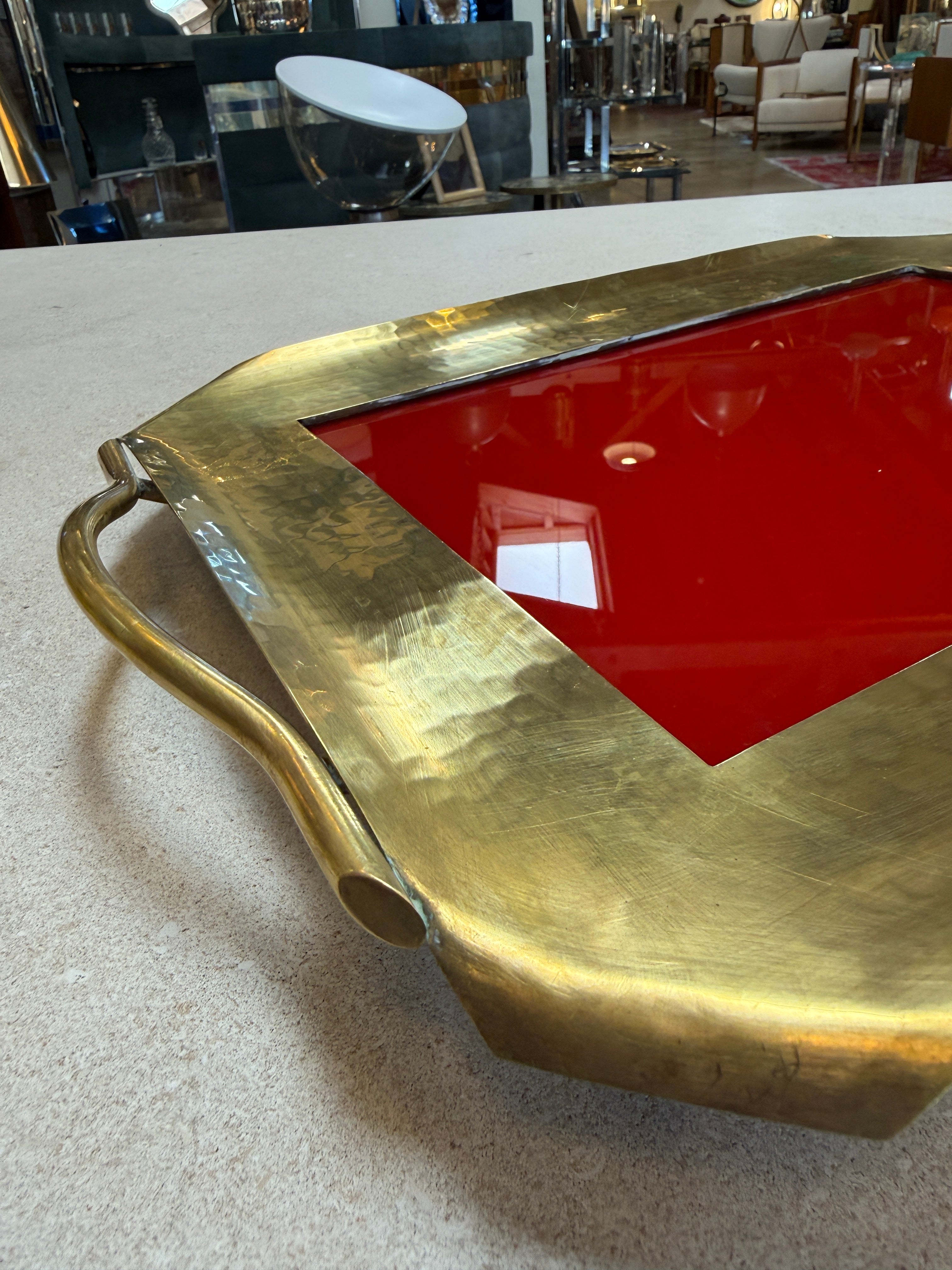 Italian Hammered Brass and Red Lacquer Serving Tray, Mid-Century