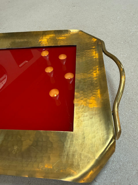Italian Hammered Brass and Red Lacquer Serving Tray, Mid-Century