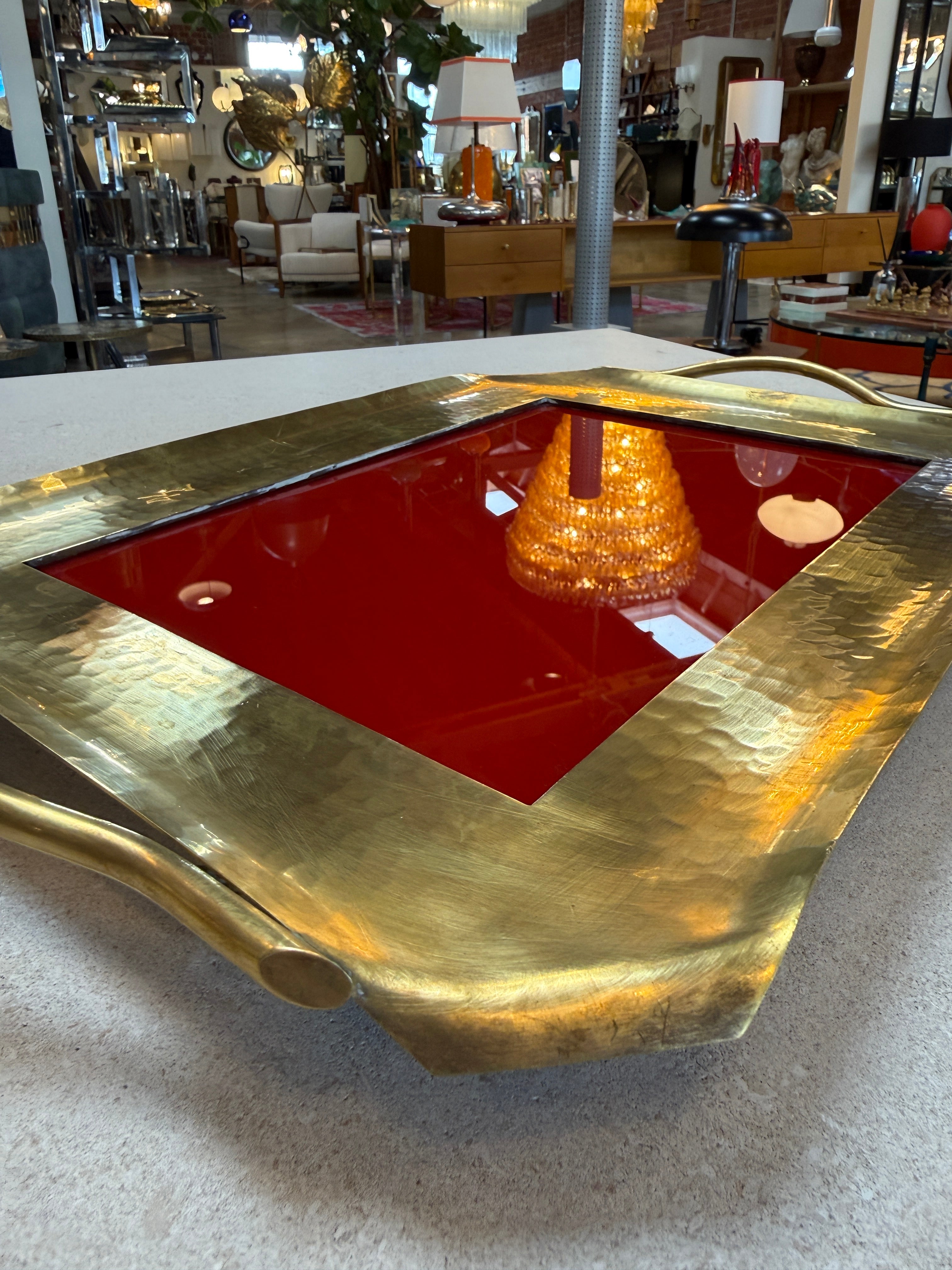 Italian Hammered Brass and Red Lacquer Serving Tray, Mid-Century
