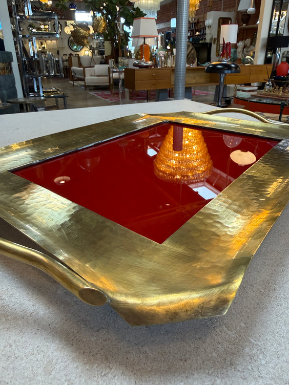 Italian Hammered Brass and Red Lacquer Serving Tray, Mid-Century