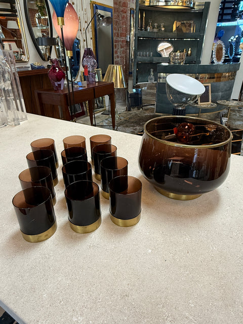 Italian Smoked Glass Bar Set with Ice Bucket and Tumblers, 1970s