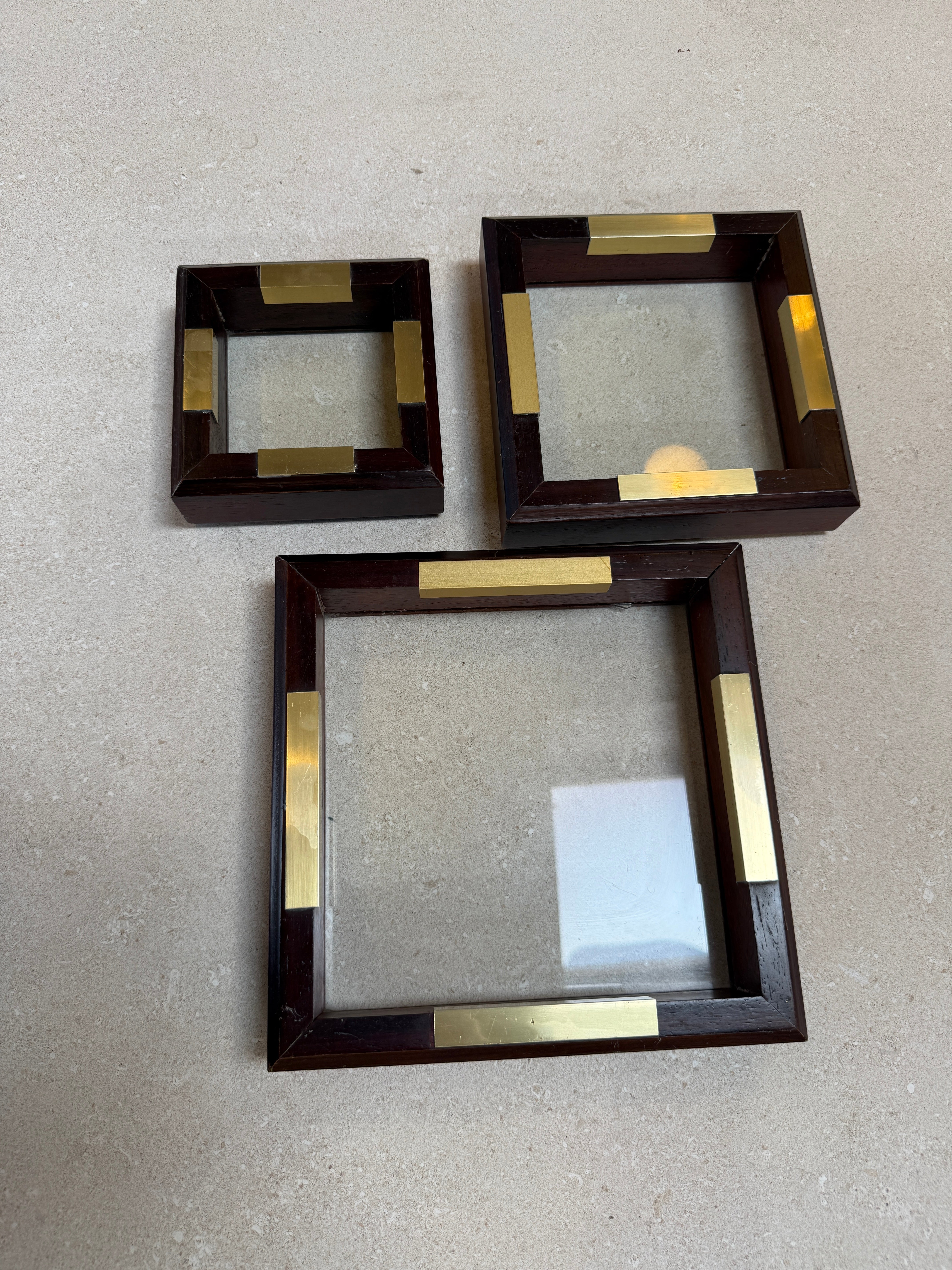 Set of Italian Wood and Brass Square Decorative Trays, 1970s