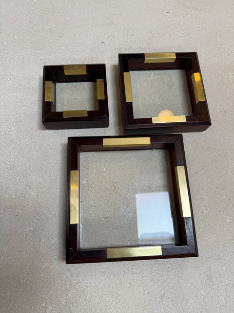 Set of Italian Wood and Brass Square Decorative Trays, 1970s