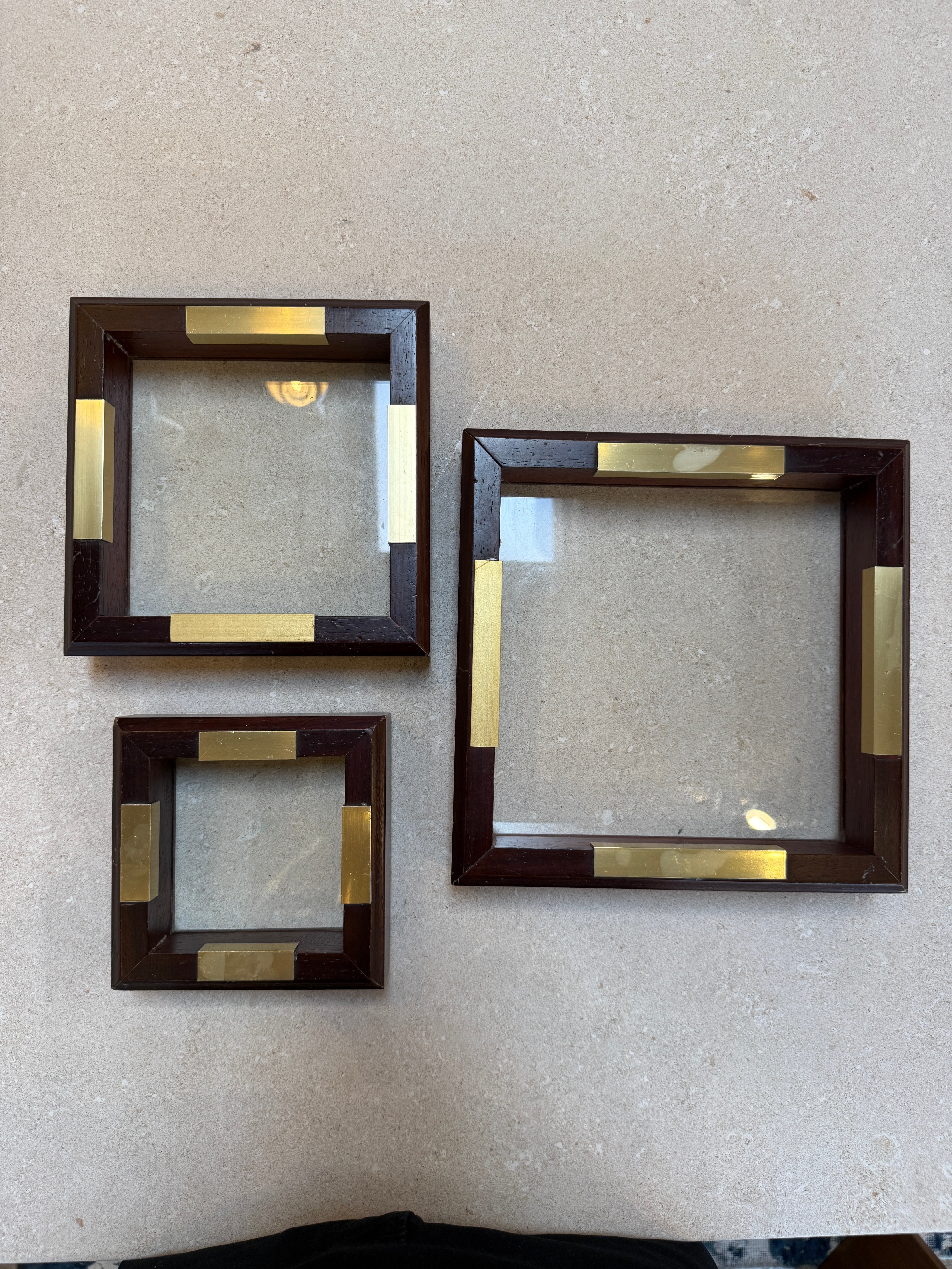 Set of Italian Wood and Brass Square Decorative Trays, 1970s