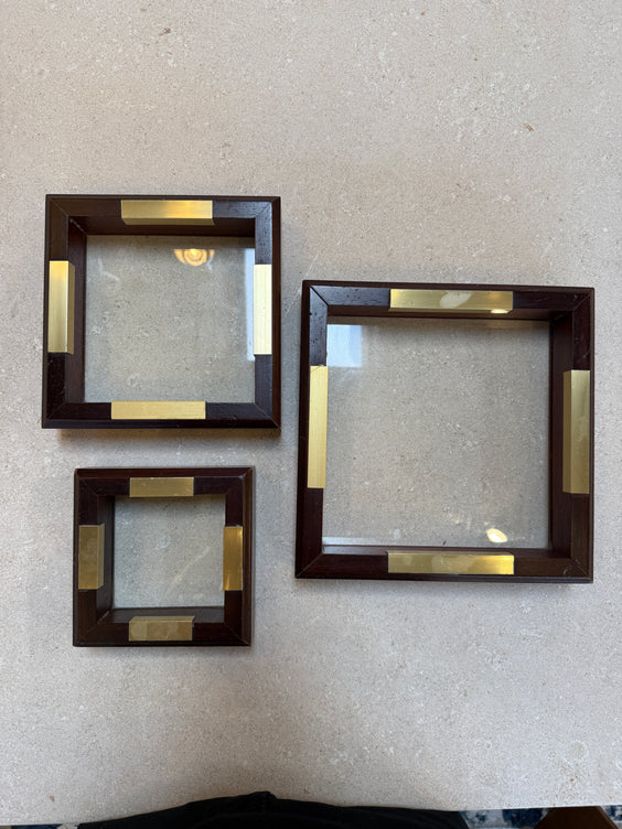 Set of Italian Wood and Brass Square Decorative Trays, 1970s