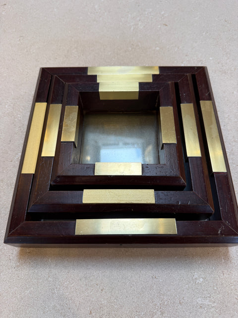 Set of Italian Wood and Brass Square Decorative Trays, 1970s