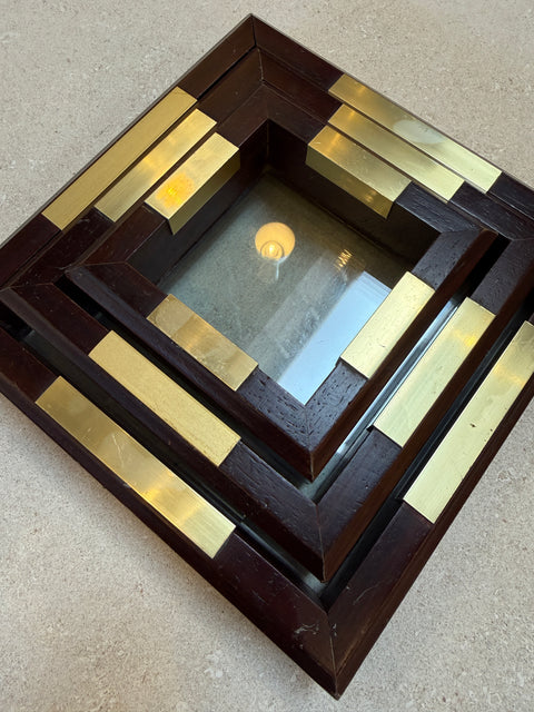 Set of Italian Wood and Brass Square Decorative Trays, 1970s