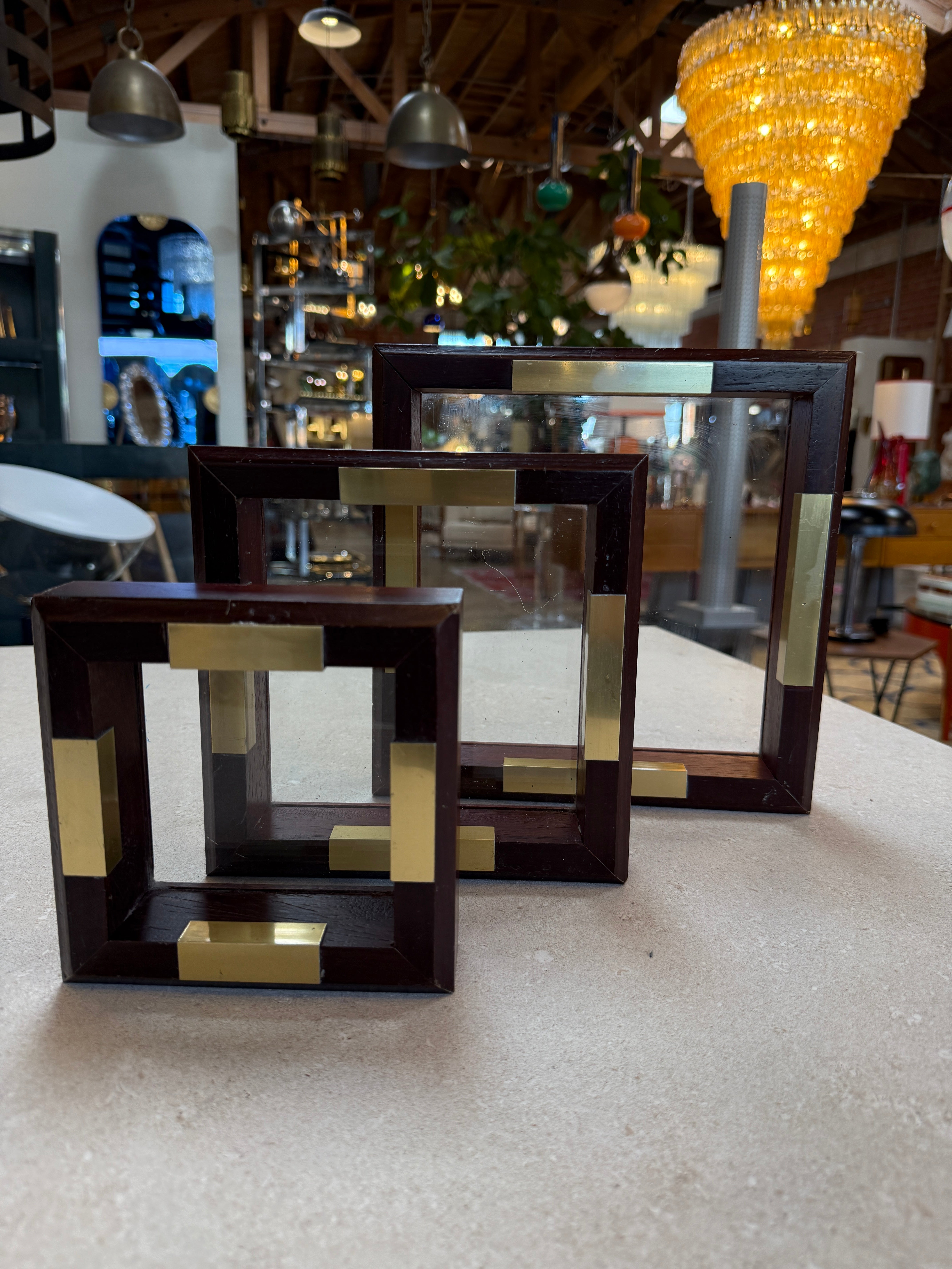 Set of Italian Wood and Brass Square Decorative Trays, 1970s