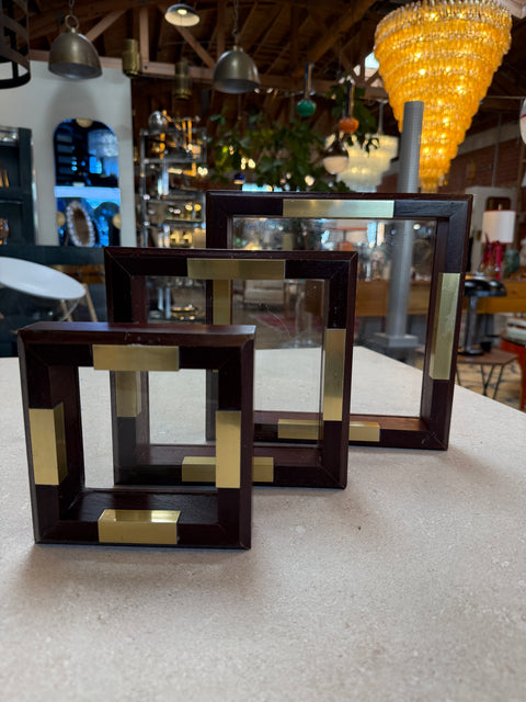 Set of Italian Wood and Brass Square Decorative Trays, 1970s