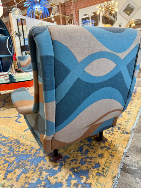 Pair of “Regent” Armchairs by Marco Zanuso, Reupholstered in Geometric Wave Fabric