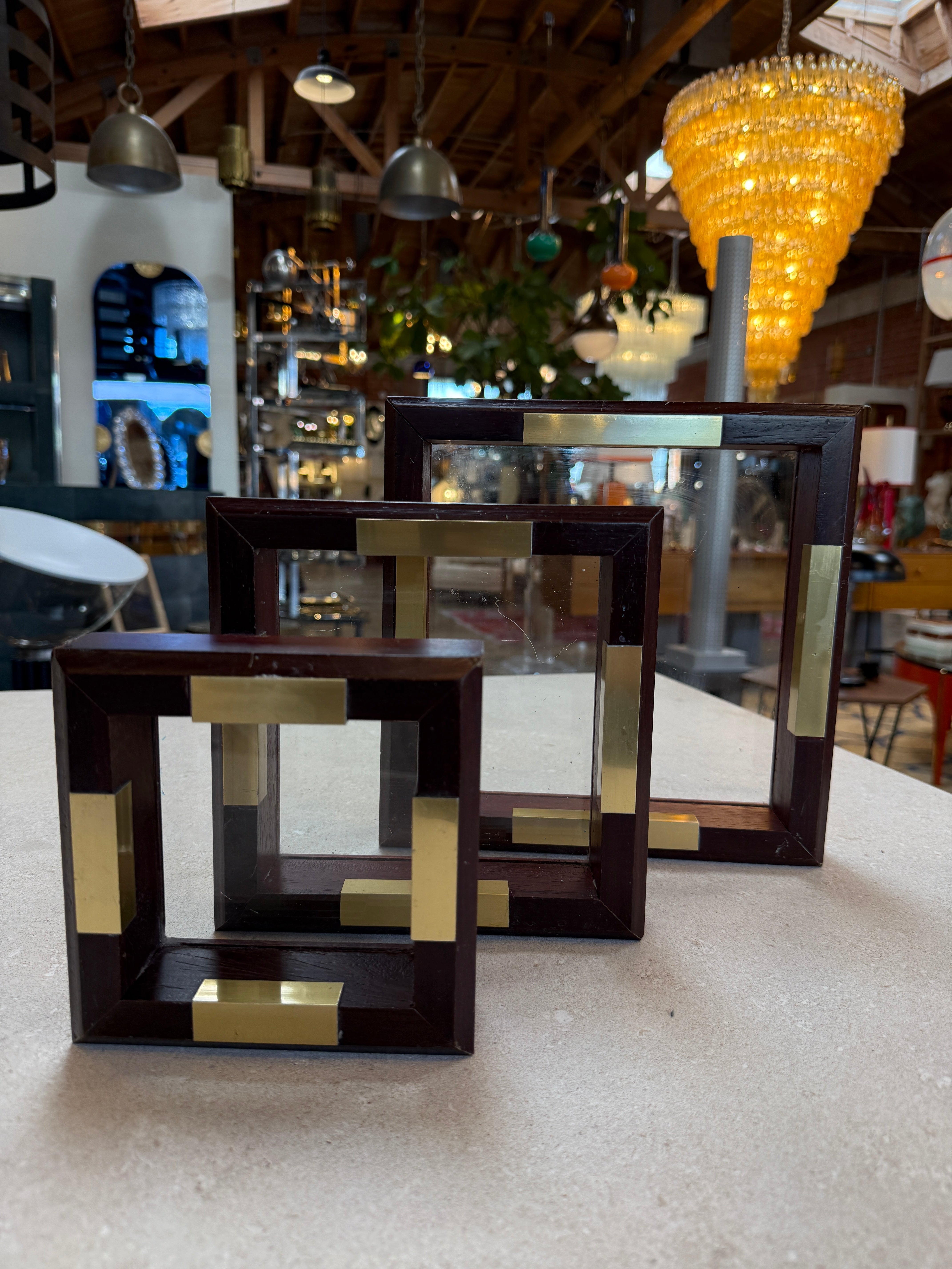 Set of Italian Wood and Brass Square Decorative Trays, 1970s