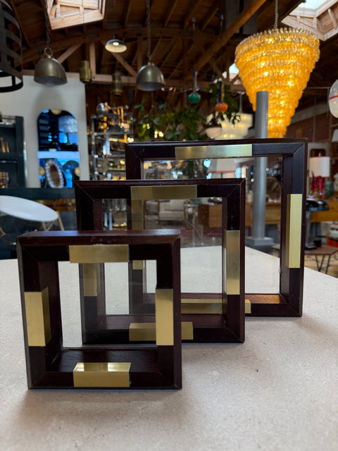 Set of Italian Wood and Brass Square Decorative Trays, 1970s