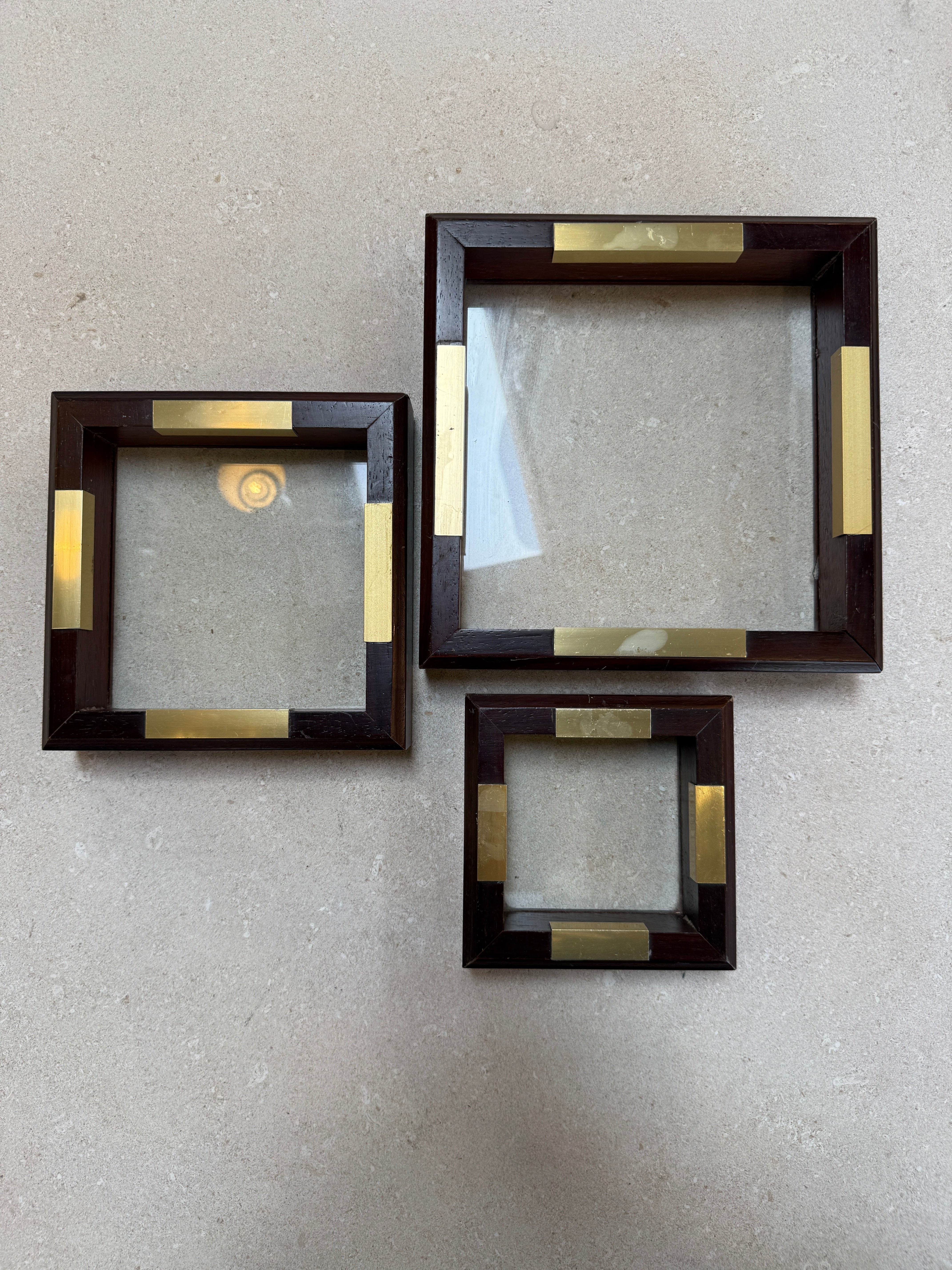 Set of Italian Wood and Brass Square Decorative Trays, 1970s