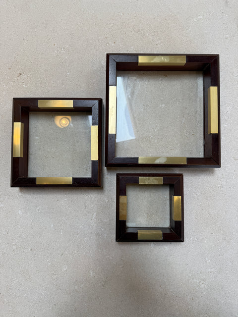 Set of Italian Wood and Brass Square Decorative Trays, 1970s