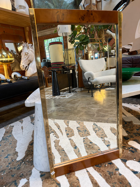 Italian Mid-Century Brass and Wood Inlay Wall Mirror, 1970s