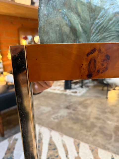 Italian Mid-Century Brass and Wood Inlay Wall Mirror, 1970s