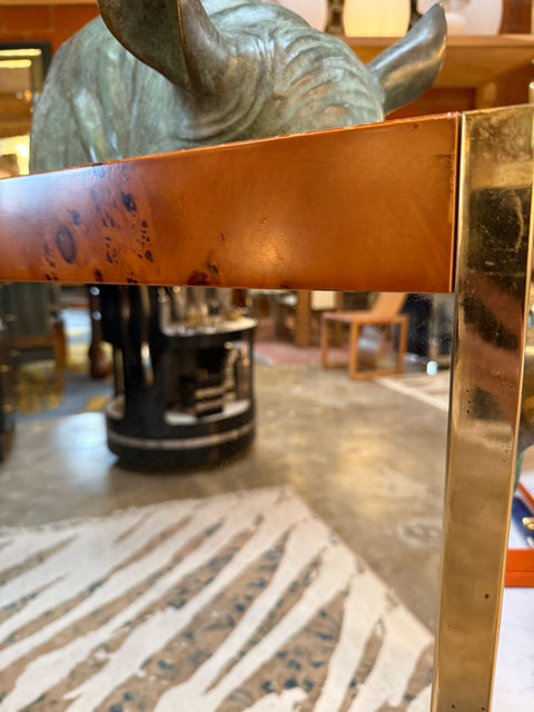 Italian Mid-Century Brass and Wood Inlay Wall Mirror, 1970s