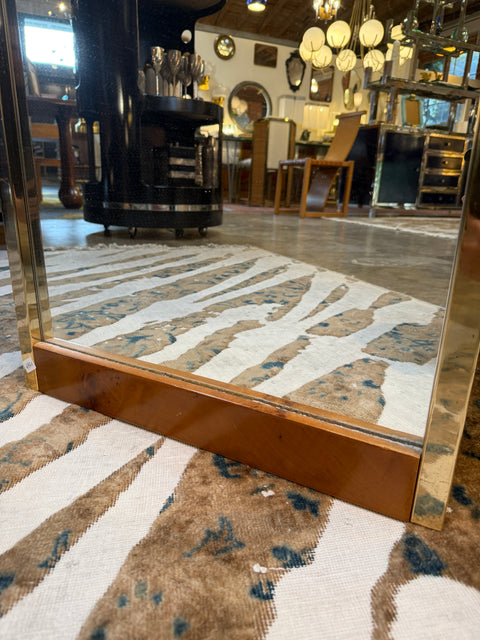 Italian Mid-Century Brass and Wood Inlay Wall Mirror, 1970s