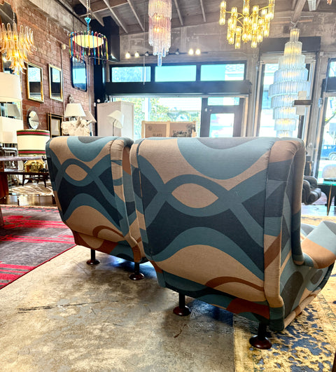 Pair of “Regent” Armchairs by Marco Zanuso, Reupholstered in Geometric Wave Fabric
