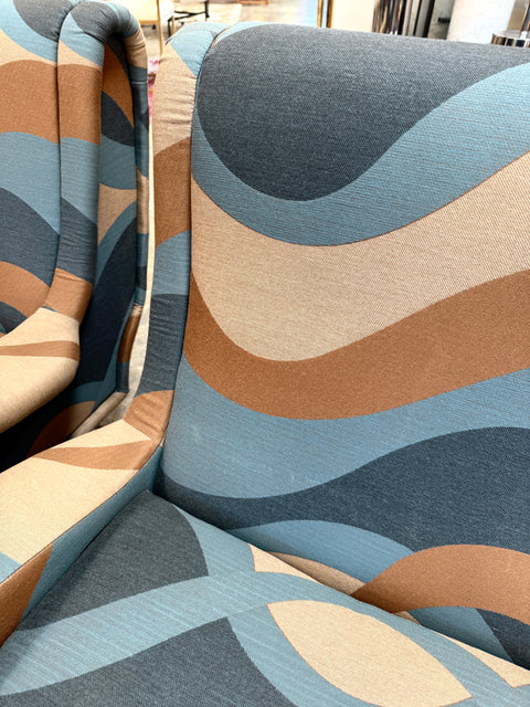 Pair of “Regent” Armchairs by Marco Zanuso, Reupholstered in Geometric Wave Fabric