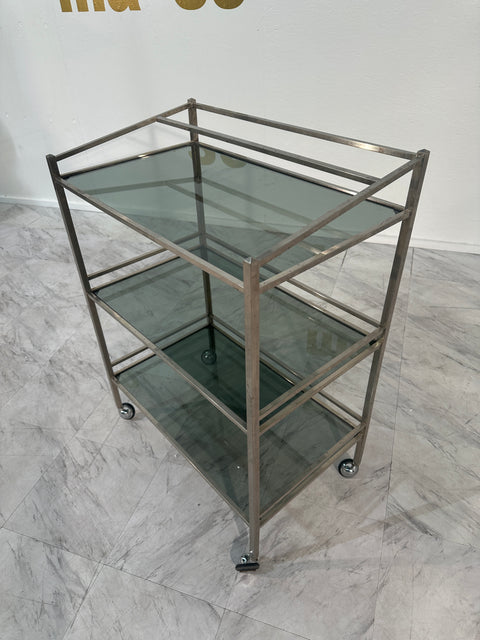 Italian 1970s Art Deco Revival Tiered Bar Cart in Chrome, Smoked Glass