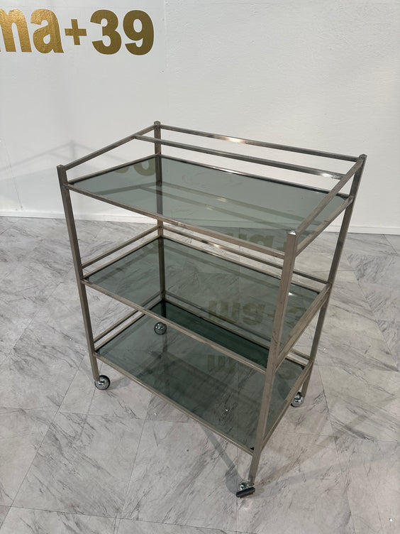 Italian 1970s Art Deco Revival Tiered Bar Cart in Chrome, Smoked Glass