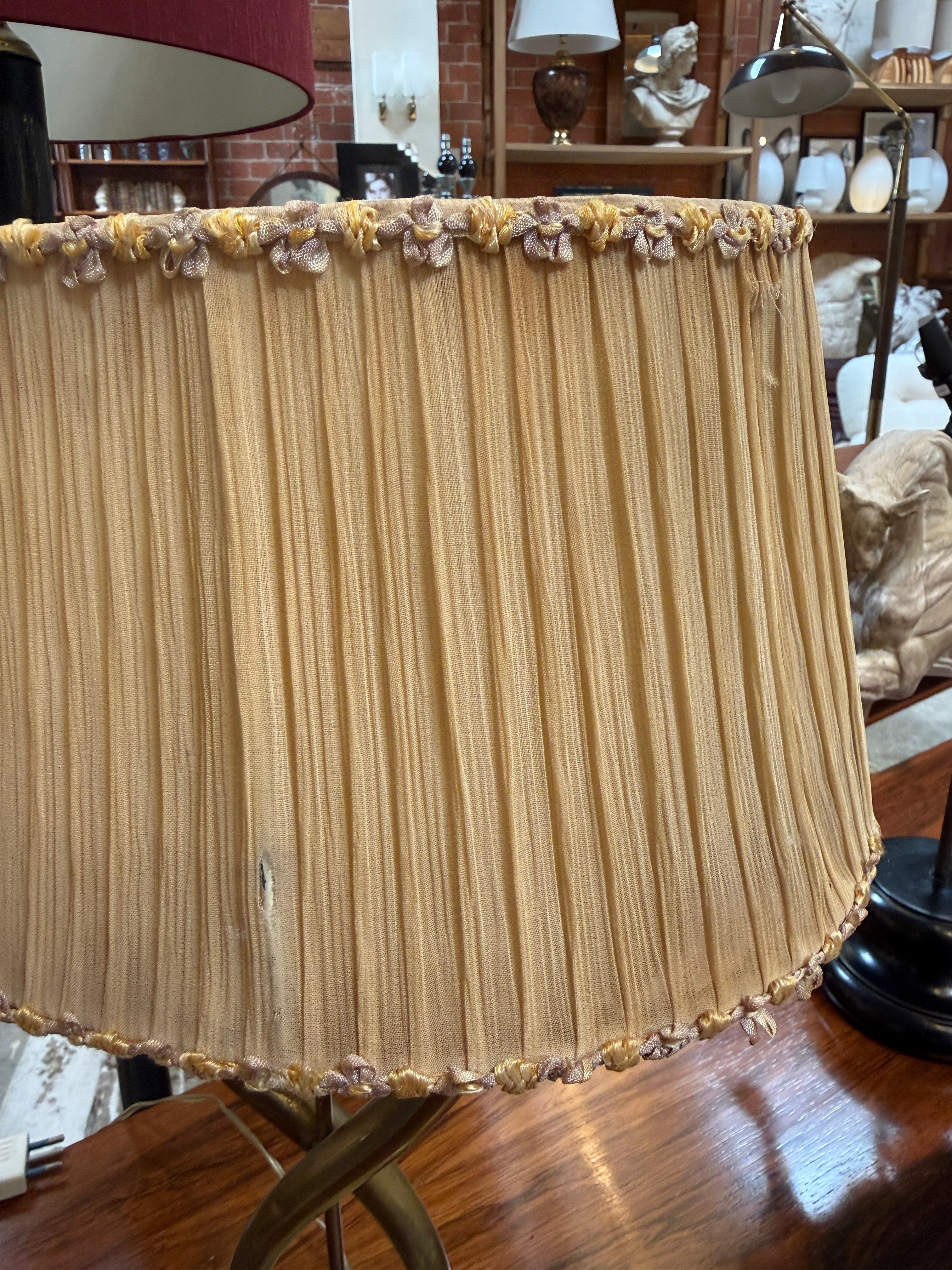 Italian Brass Table Lamp with Twisted Loop Base and Pleated Shade, 1950s