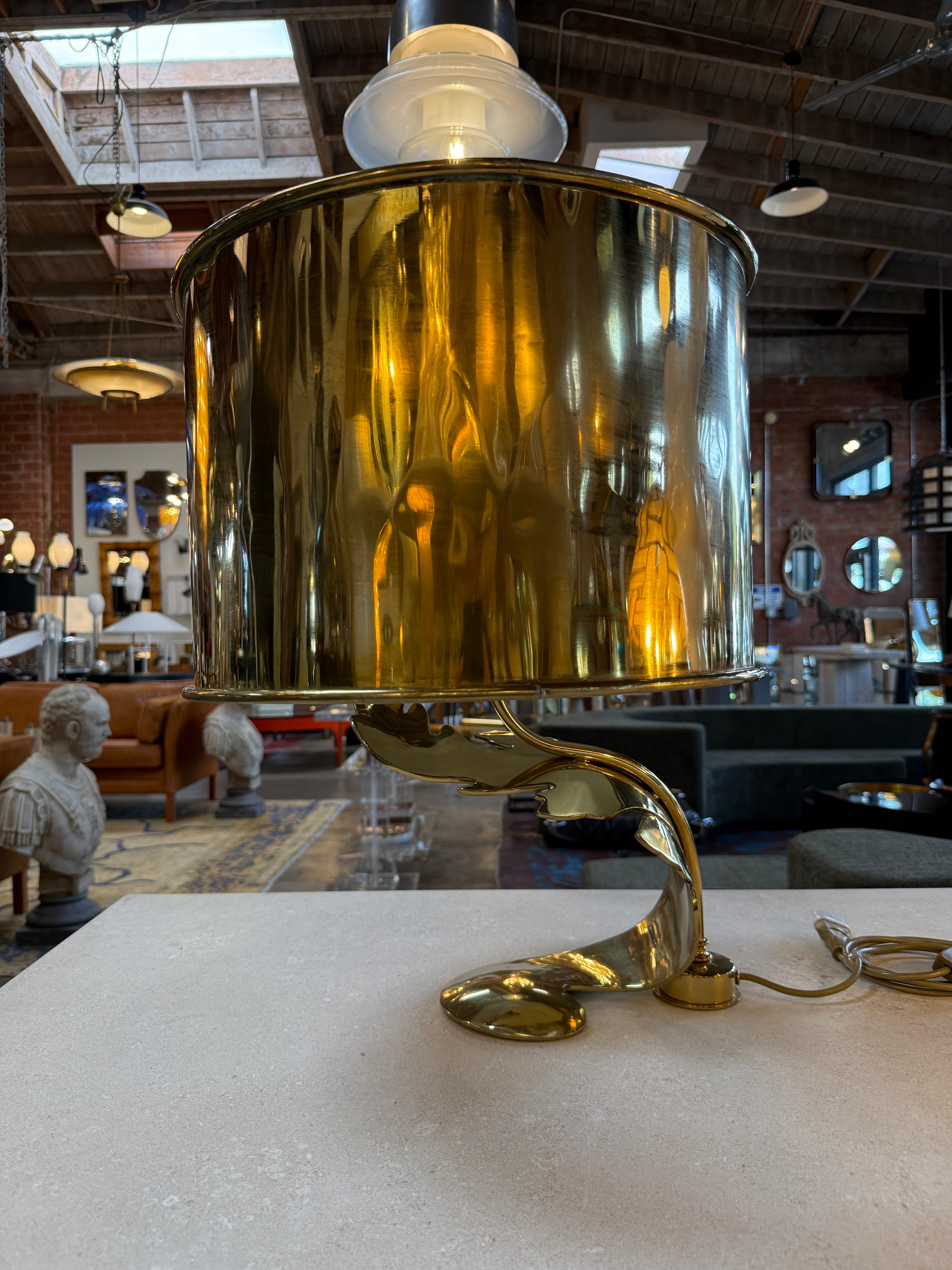 Italian Sculptural Brass Table Lamp with Cylindrical Shade, 1970s