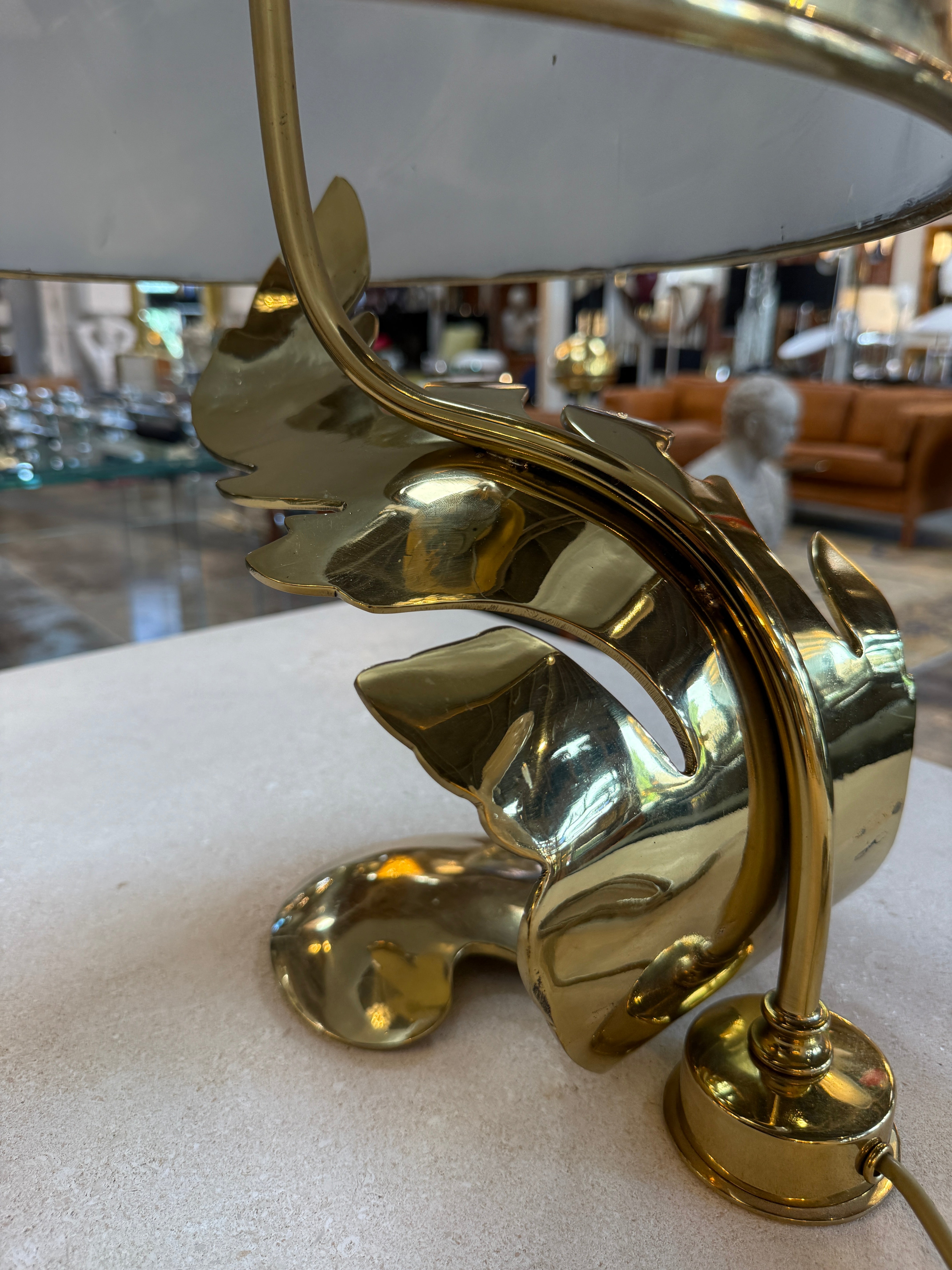 Italian Sculptural Brass Table Lamp with Cylindrical Shade, 1970s