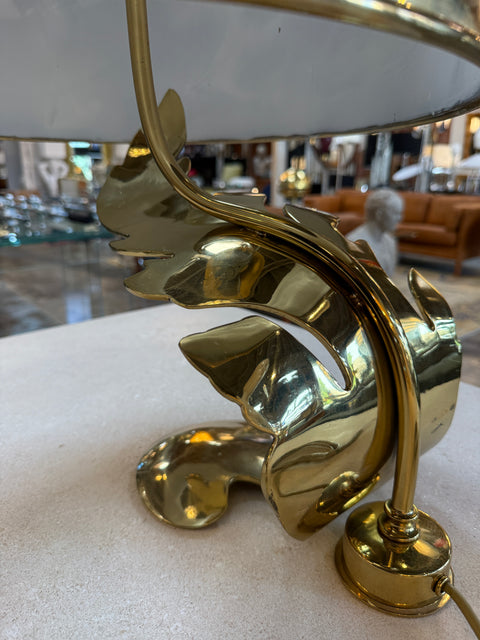 Italian Sculptural Brass Table Lamp with Cylindrical Shade, 1970s