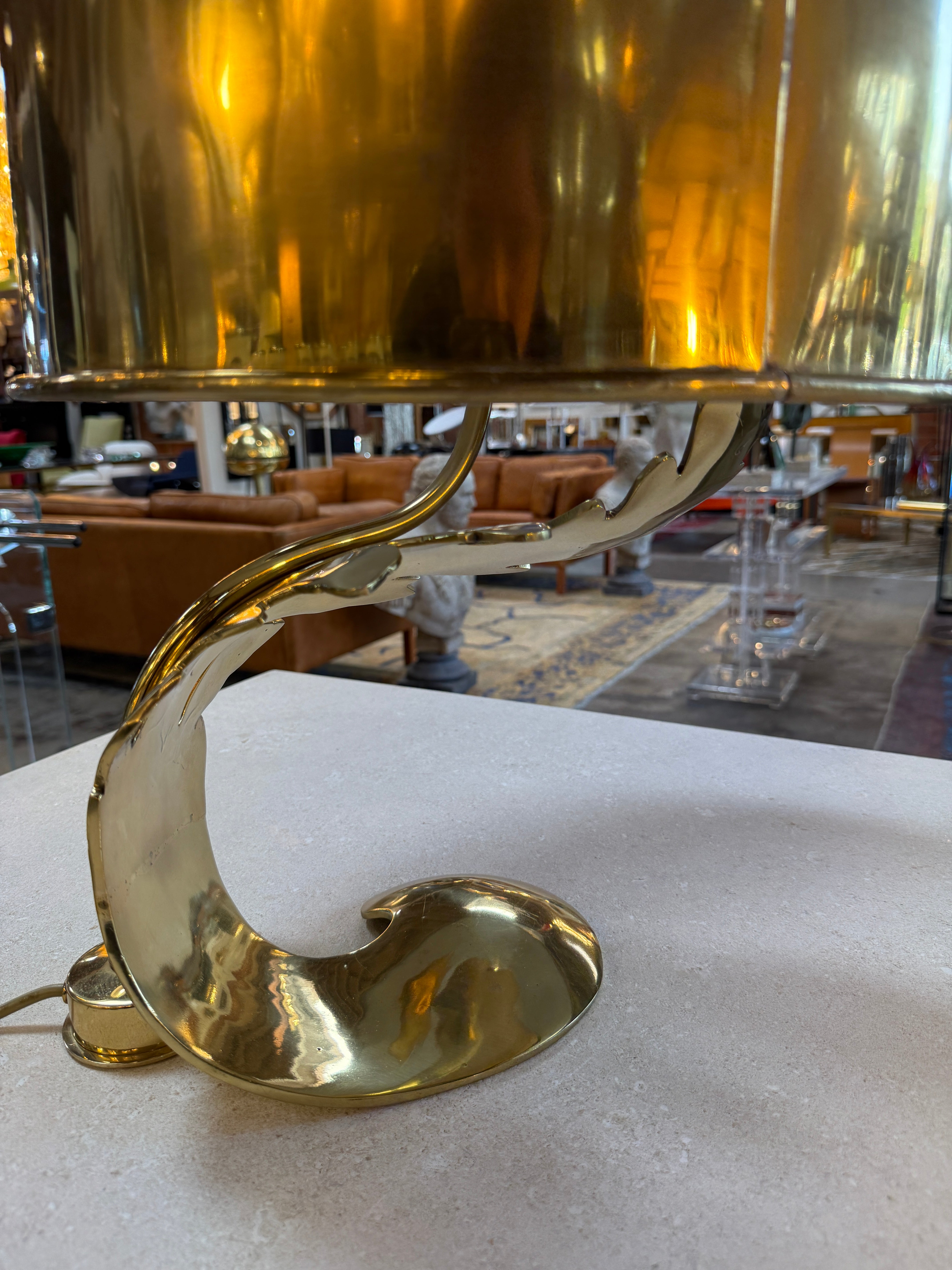 Italian Sculptural Brass Table Lamp with Cylindrical Shade, 1970s