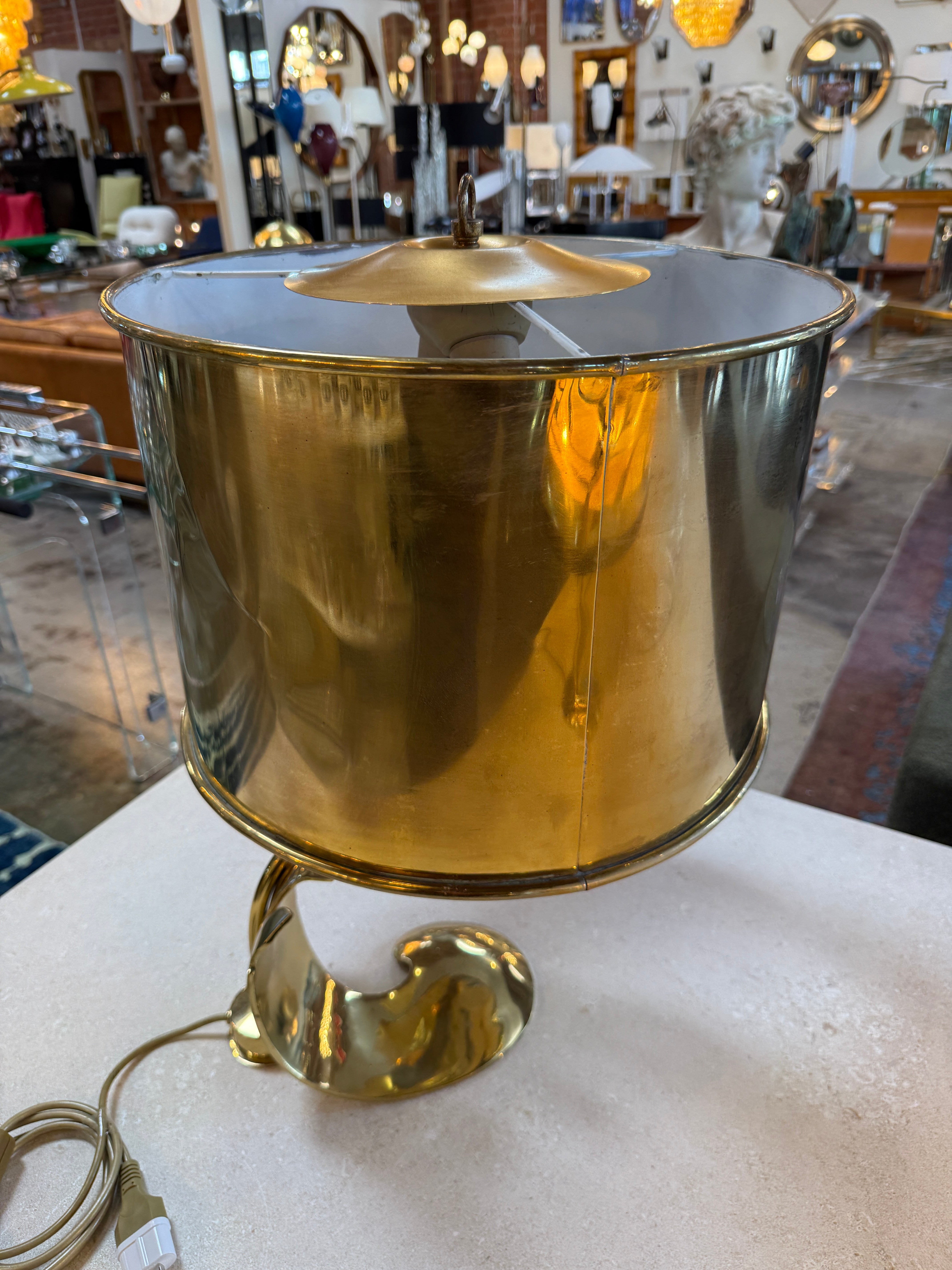 Italian Sculptural Brass Table Lamp with Cylindrical Shade, 1970s