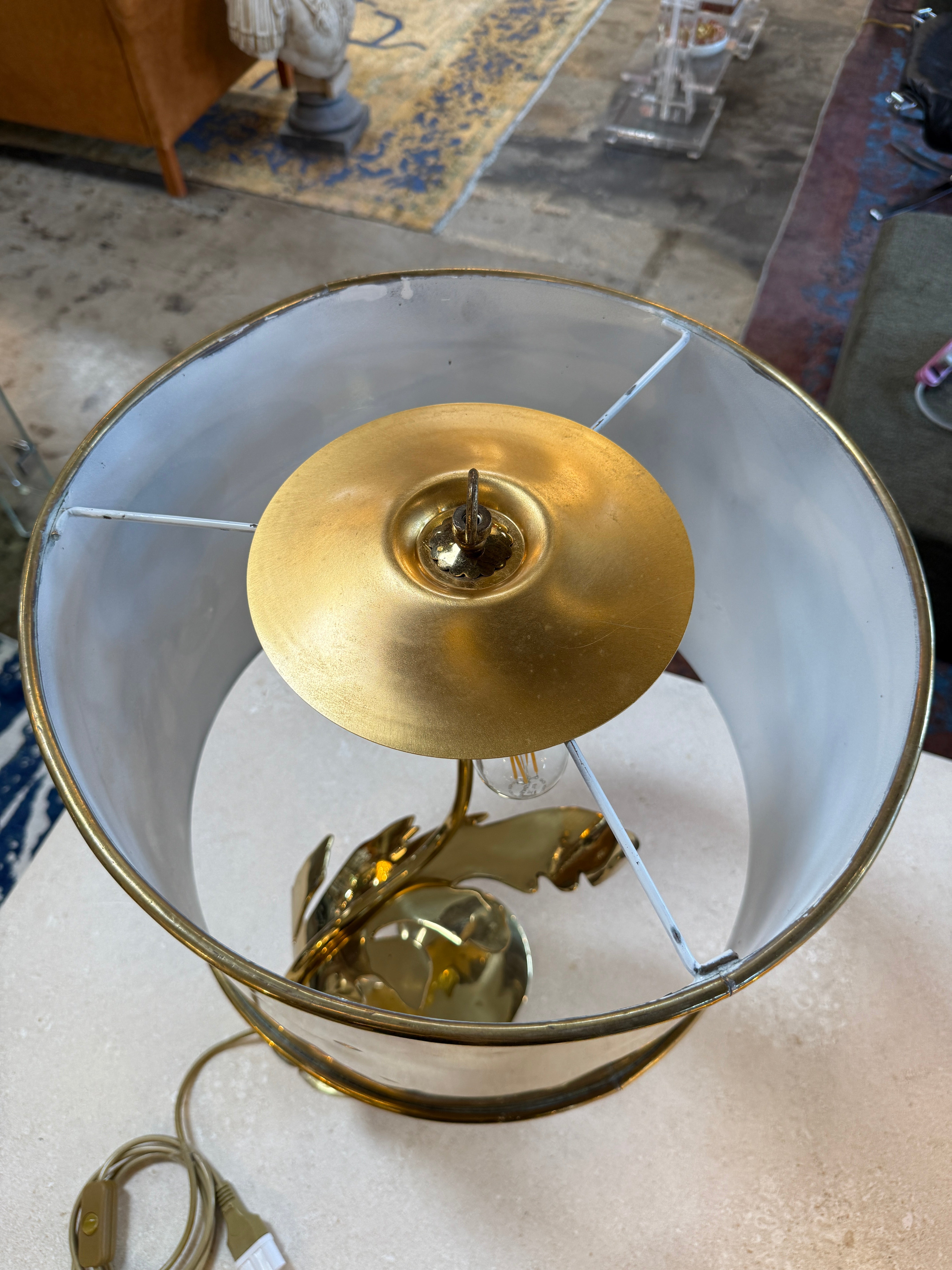 Italian Sculptural Brass Table Lamp with Cylindrical Shade, 1970s